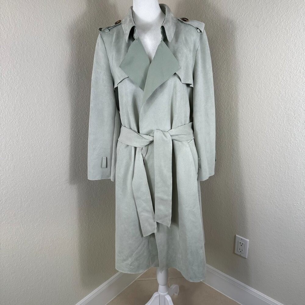 Few Moda Trench Coat Womens L Sage Green Faux Suede Belted Longline Minimalist